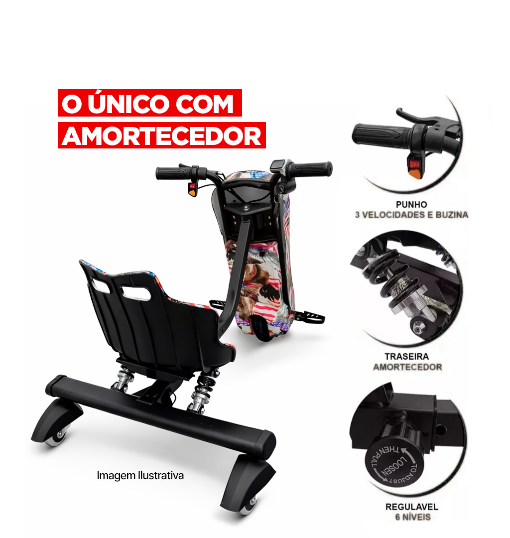 Triciclo Elétrico Drift 350w Bluetooth 3 Velocidades Único com Amortecedor